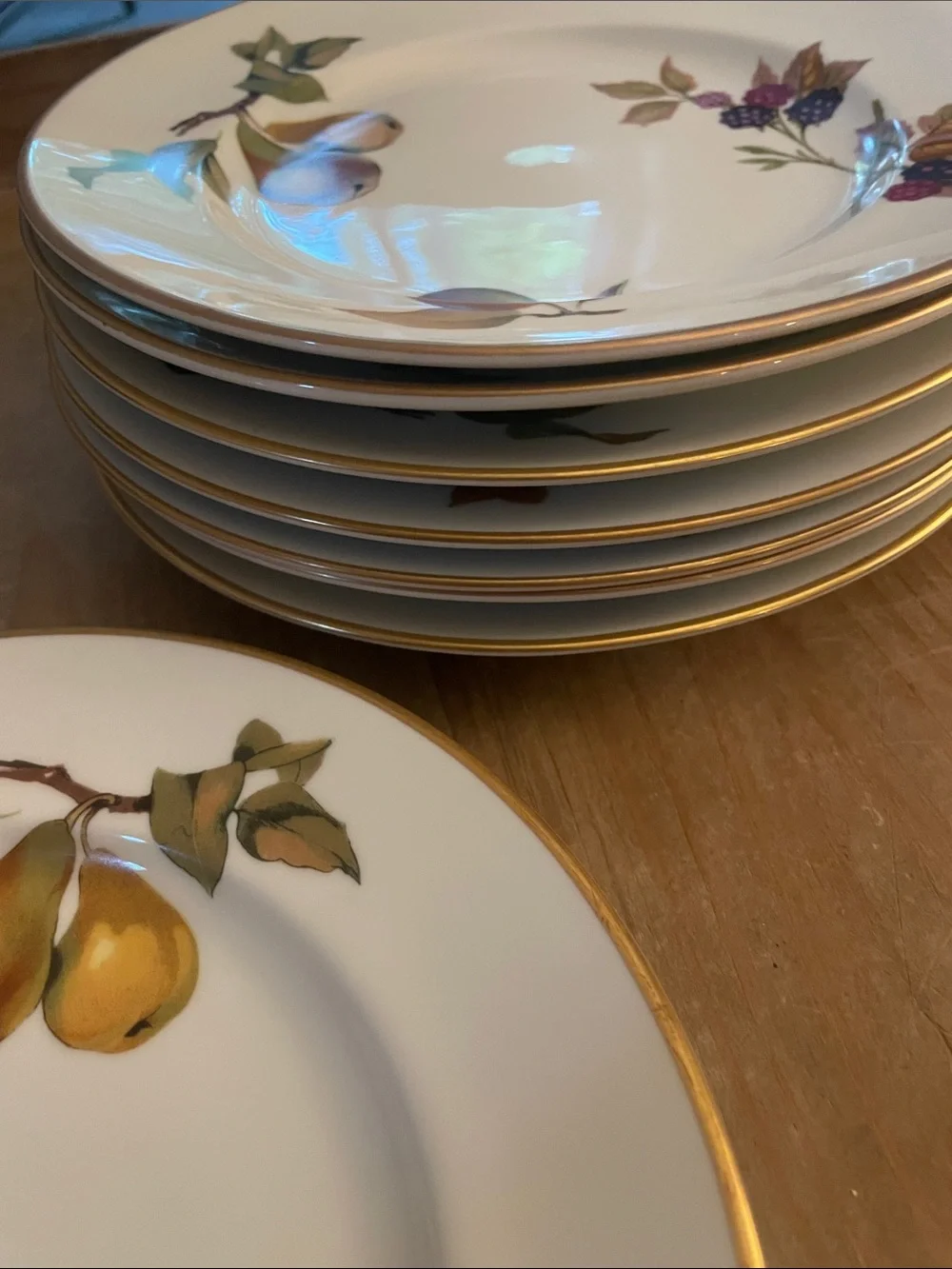 Royal Worcester Evesham White Salad Plates with Gold Rim and Fruit Motif  8.5(8)